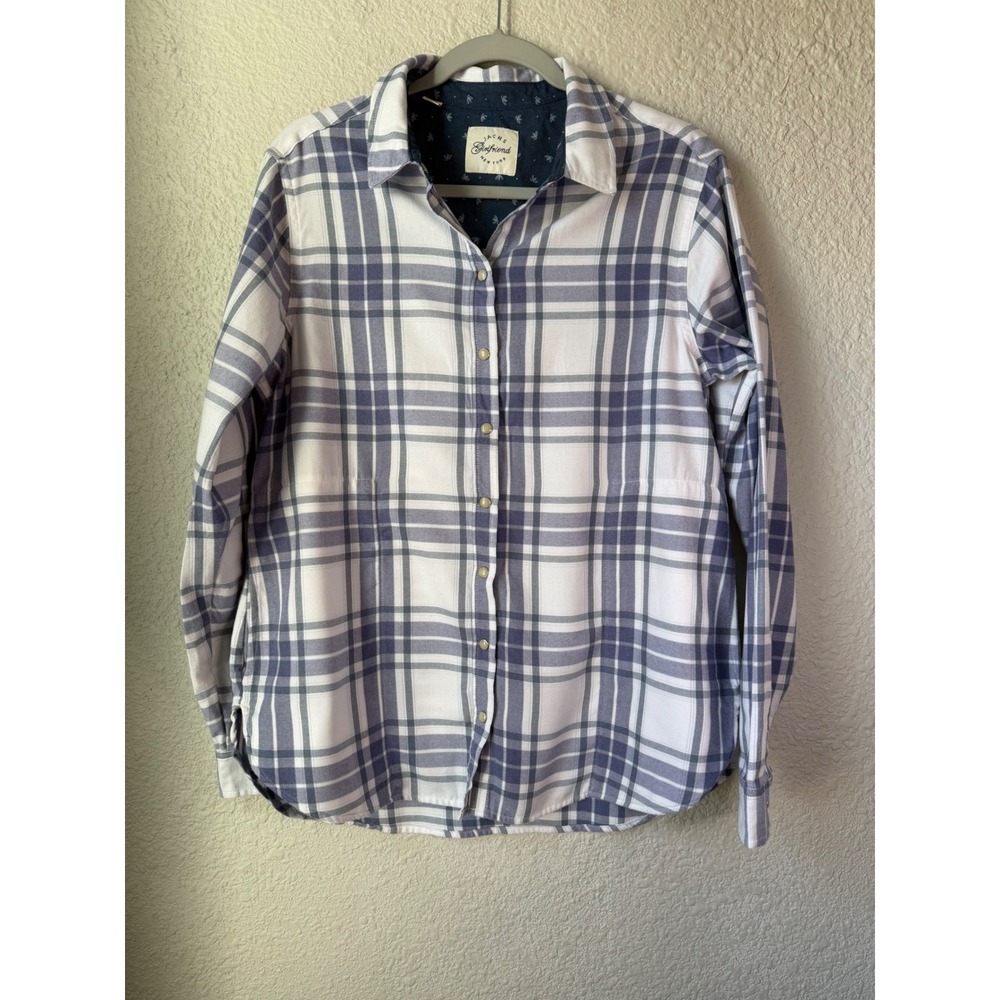Jachs Girlfriend Dusty Blue White‎ Plaid Pearl Button Down Shacket Pockets Small